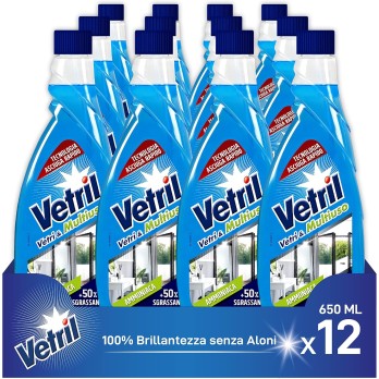 Vetril - Ricarica per Detergente Spray Vetri e Multiuso con Ammoniaca 650 ml x 12 Pezzi