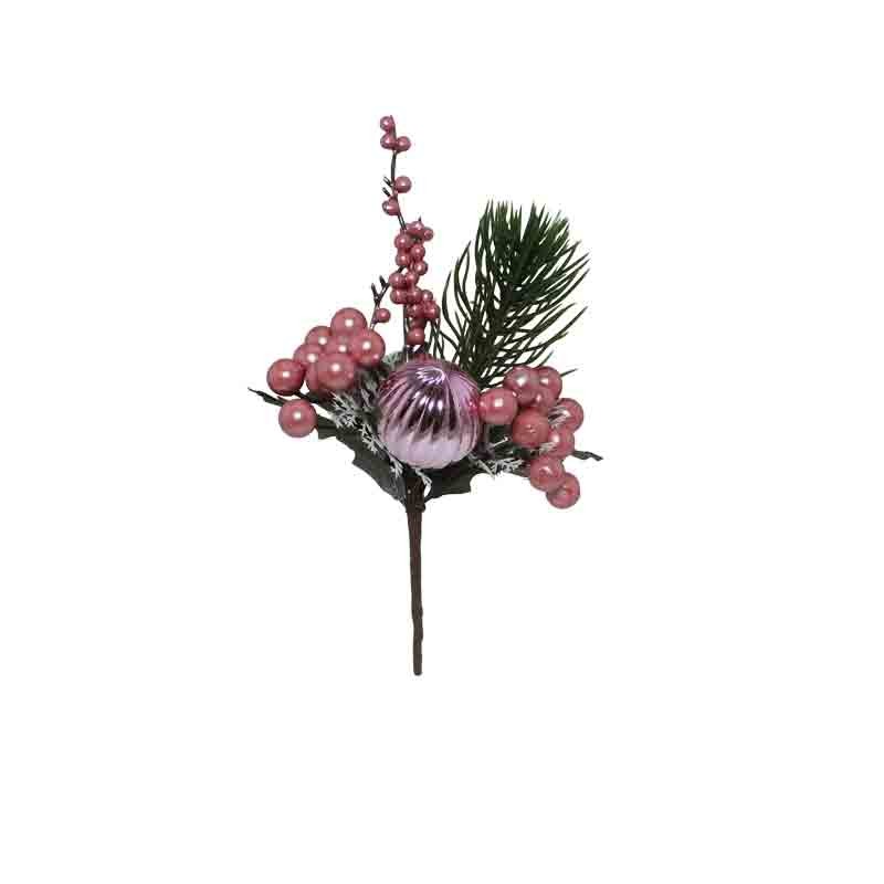 rametto pick con bacche e sfera rosa 22 cm 4318