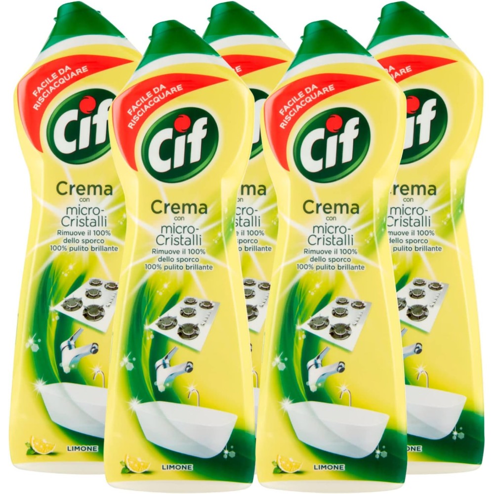5 Cif Detergente in Crema Multisuperficie con Micro-Cristalli al Profumo di Limone 100% Pulito Brillante - 5 Flaconi da 750 ml