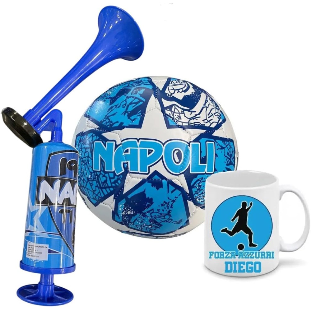 Pallone Napoli FORZA AZZURRI n.5, tazza e tromba stadio ad aria