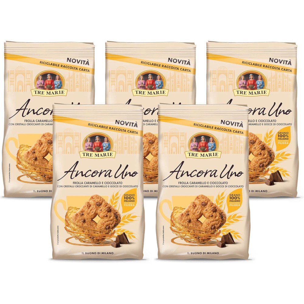 5X Tre Marie "Ancora Uno" Biscotti Frollino al Caramello e con Gocce di Cioccolato Grano 100% Italiano 300gr