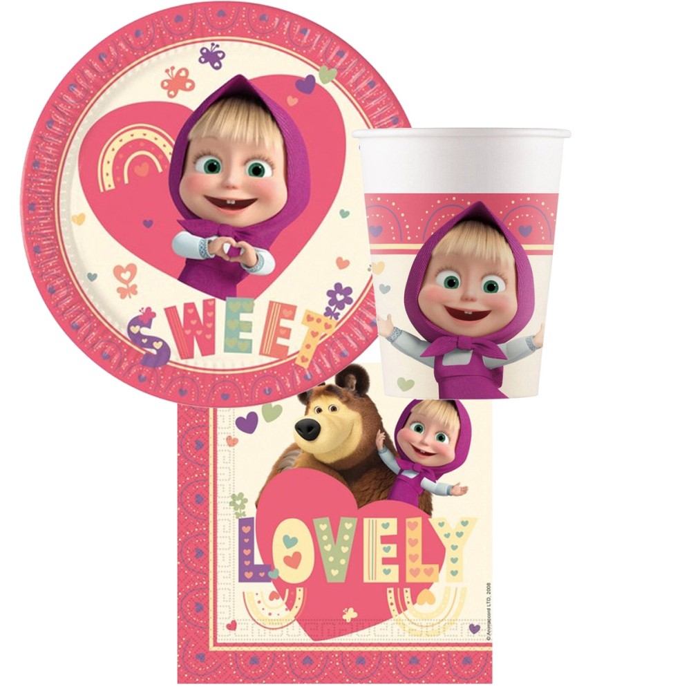 KIT N 2 COORDINATO TAVOLA MASHA E L'ORSO SET COMPLEANNO BAMBINA BIMBI PARTY