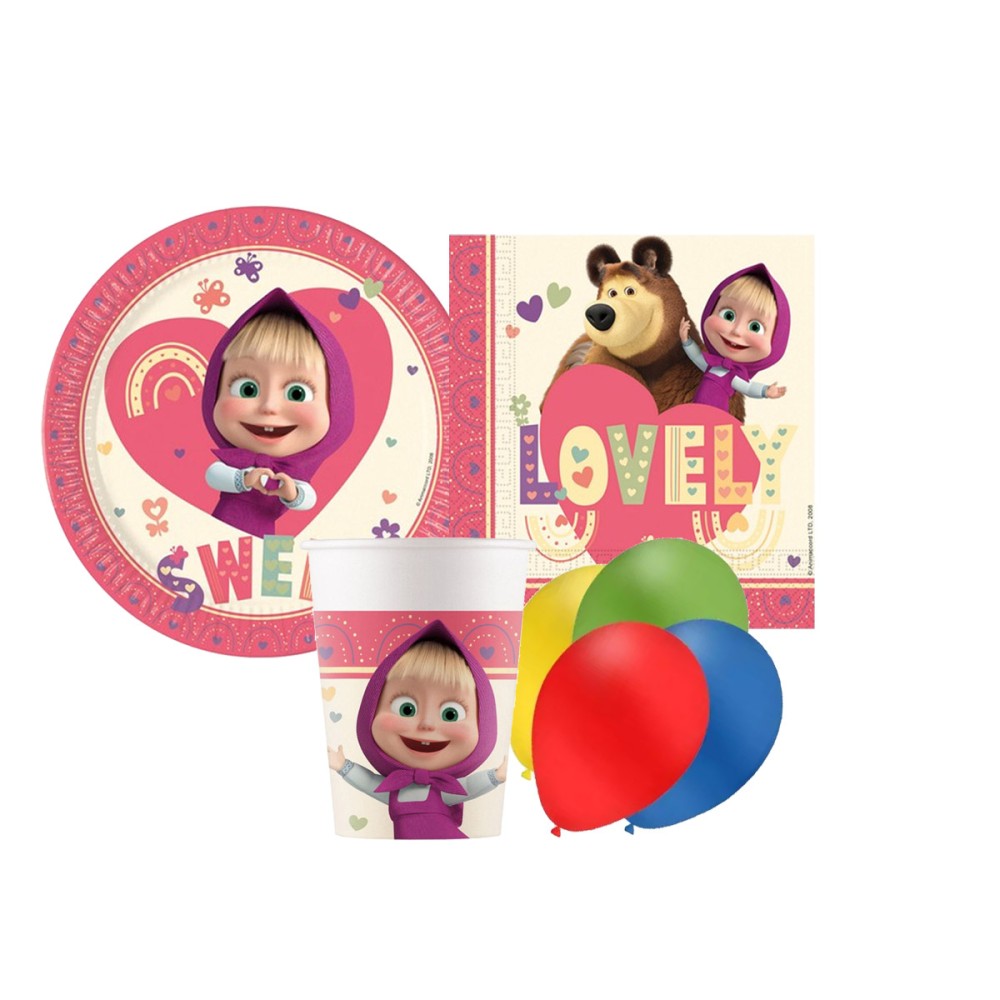 IRPot - KIT N22 MASHA E ORSO SET ADDOBBI COORDINATO TAVOLA COMPLEANNO BAMBINA