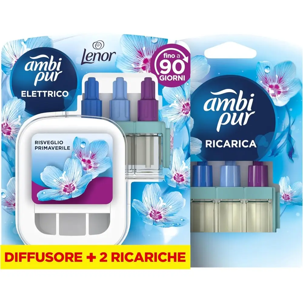 Ambi Pur 3Volution Profumatore per Ambienti, Diffusore Elettrico e 2 Ricariche, Fragranza Lenor Risveglio Primaverile