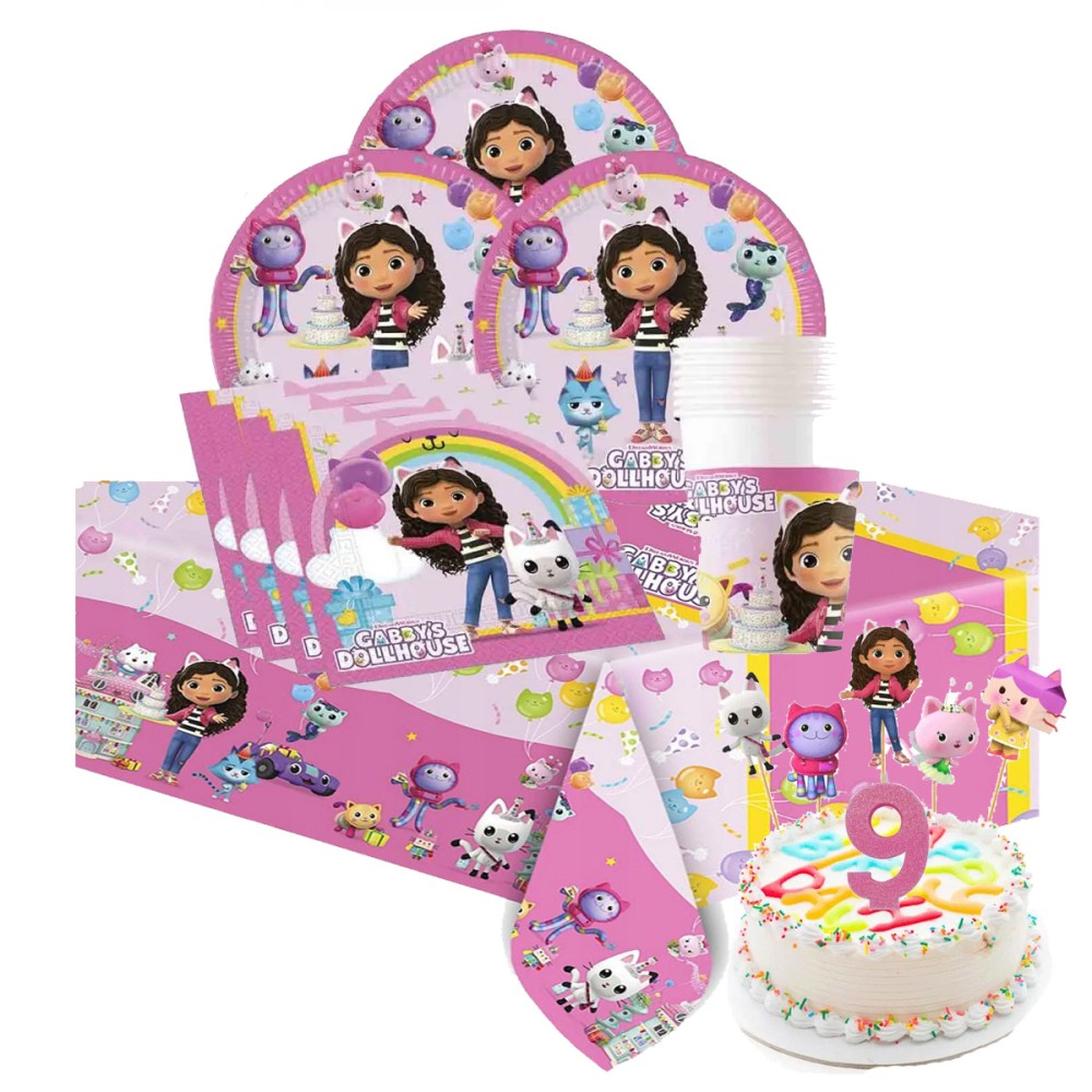 Kit 8 persone Gabby's Dollhouse con picks torta e candelina numerale