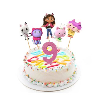 Kit 8 persone Gabby's Dollhouse con picks torta e candelina numerale