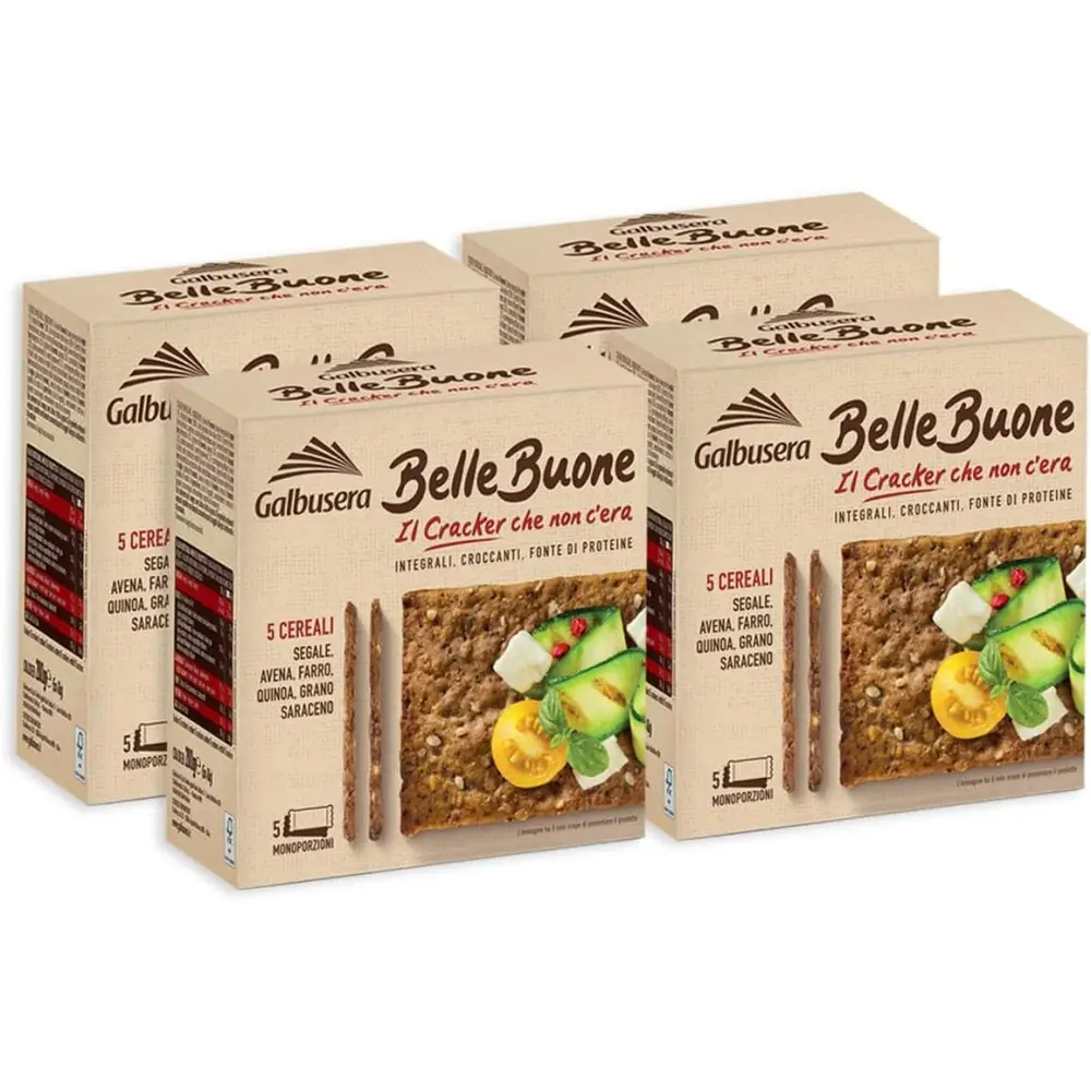 4X Galbusera Belle Buone Cracker ai 5 Cereali Segale, Avena, Farro, Quinoa e Grano Saraceno 200g