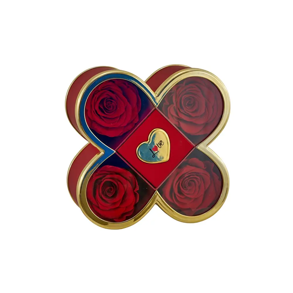 Scatola quadrifoglio rossa 4 rose stabilizzate 14 x 14 x 6 cm 10181292