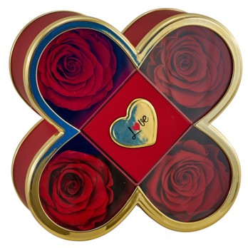 Scatola quadrifoglio rossa 4 rose stabilizzate 14 x 14 x 6 cm 10181292