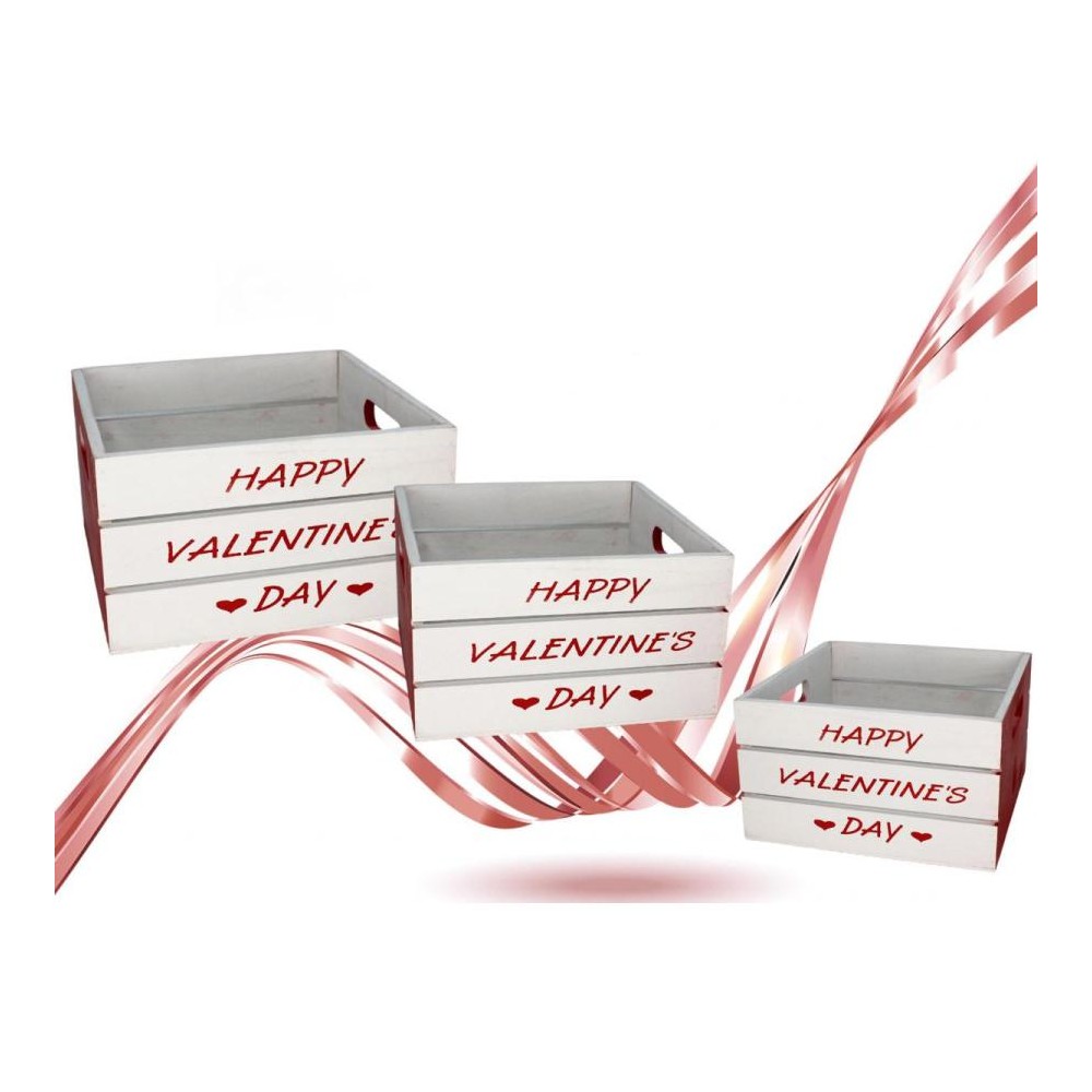 Set 3 cassette legno quadrate Happy Valentine day 50673 18 - 21 - 24 cm