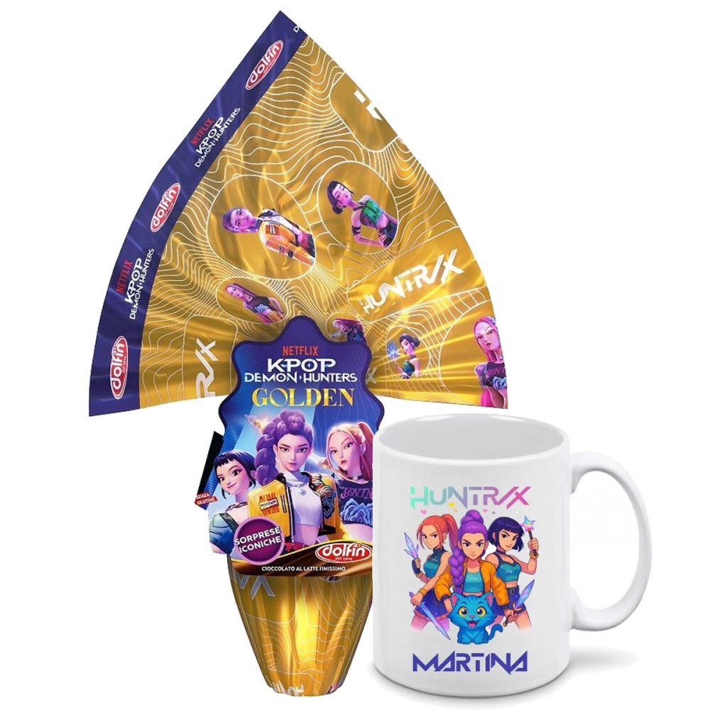 Uovo di pasqua 250g finissimo cioccolato al latte KPop Demon Hunters + tazza personalizzabile