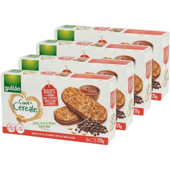 4X Gullon Cuor di Cereale Biscotti con Avena e Gocce di Cioccolato Ripieni di Crema al Cioccolato 220g