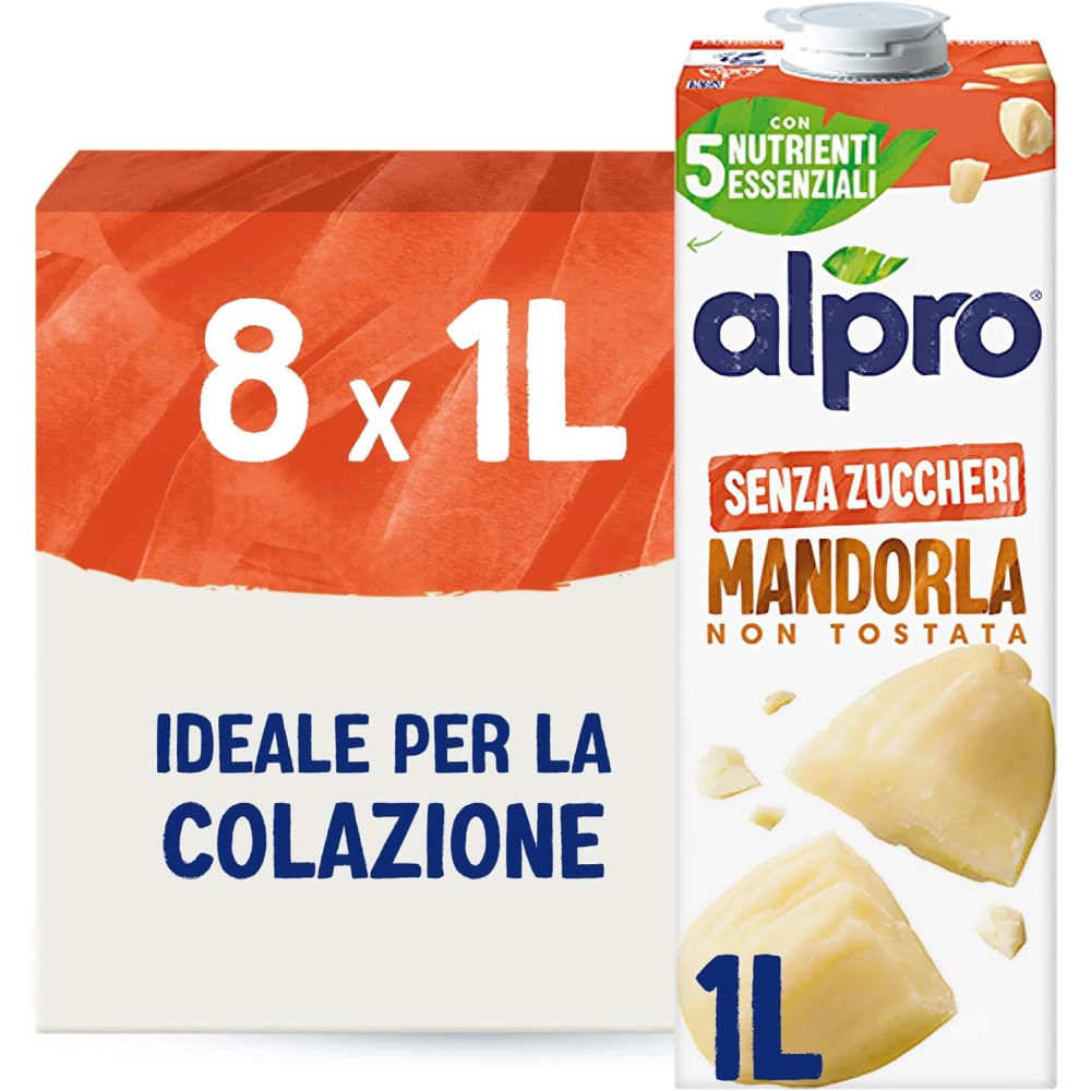 ALPRO SENZA ZUCCHERI, Bevanda alla MANDORLA, Alternativa Vegetale al Latte, Naturalmente Senza Lattosio - 8 confezioni x 1 Litro