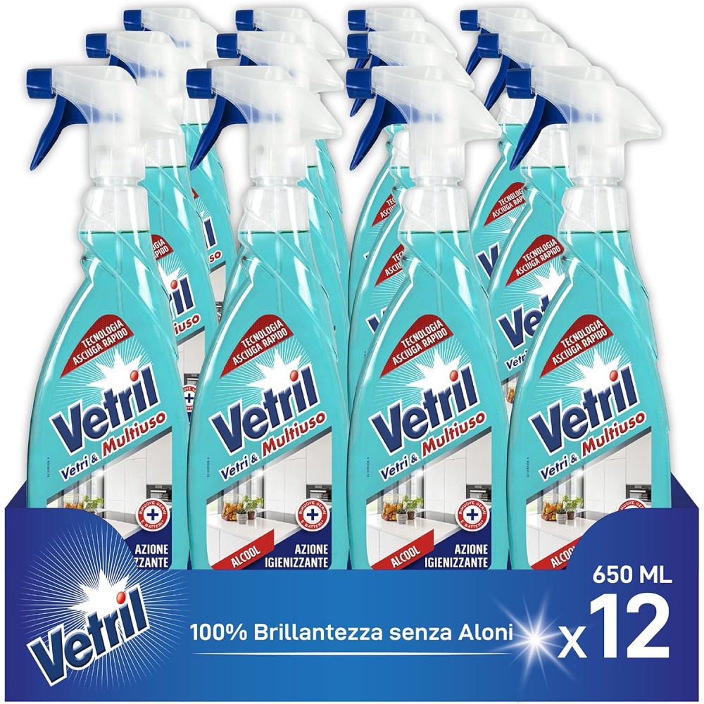 Vetril - Spray Igienizzante Vetri e Superfici, rimuove i Cattivi Odori 650 ml x 12 pezzi