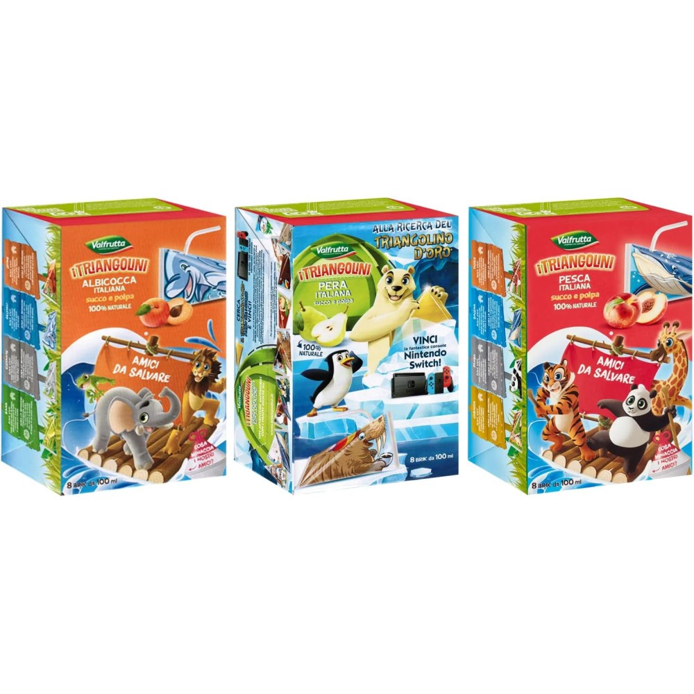 Valfrutta Mix Triangolini Succhi di Frutta Albicocca, Pera e Pesca Scatola 8x100ml