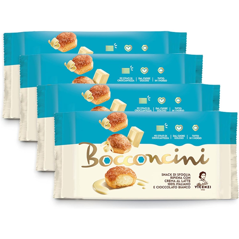 4X Matilde Vicenzi Bocconcini di Pasta Sfoglia Ripieni con Crema al Latte Italiano e Cioccolato Bianco 100g