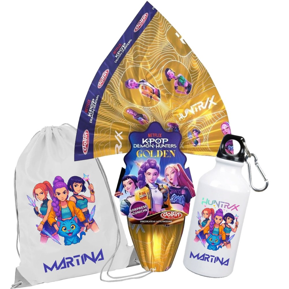 Uovo di pasqua 250g KPop Demon Hunters + guscio rosa borraccia e sacca  personalizzabile