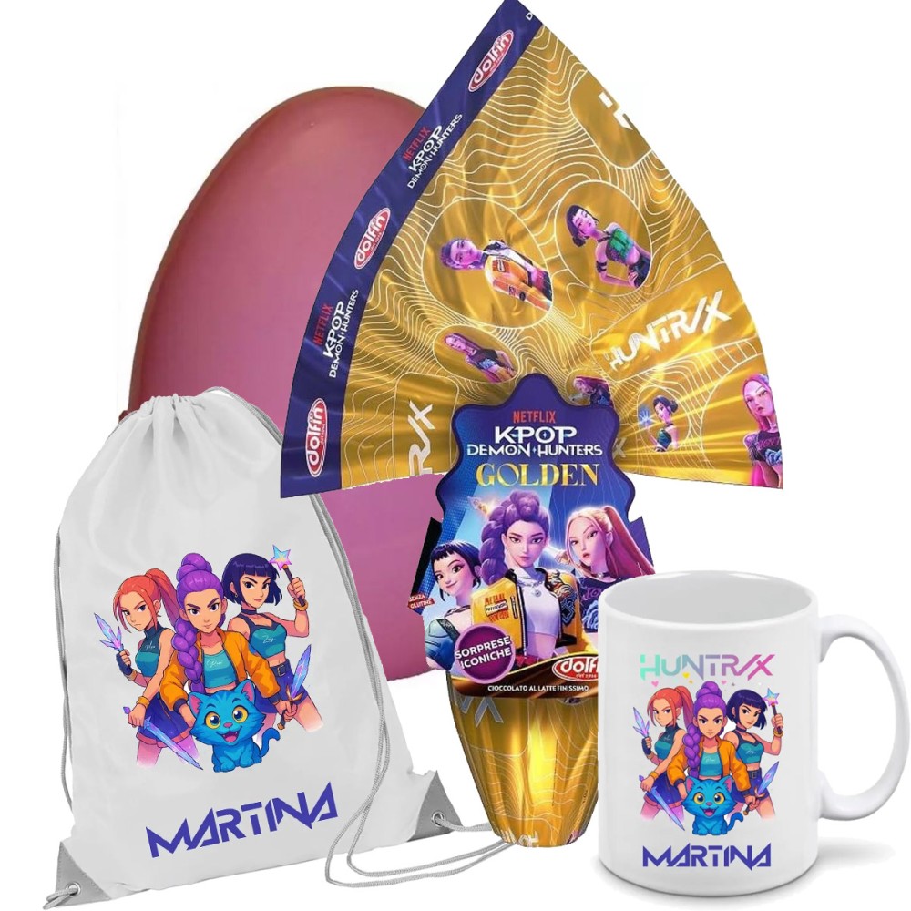 Uovo di pasqua 250g KPop Demon Hunters + guscio rosa, tazza e sacca personalizzabile