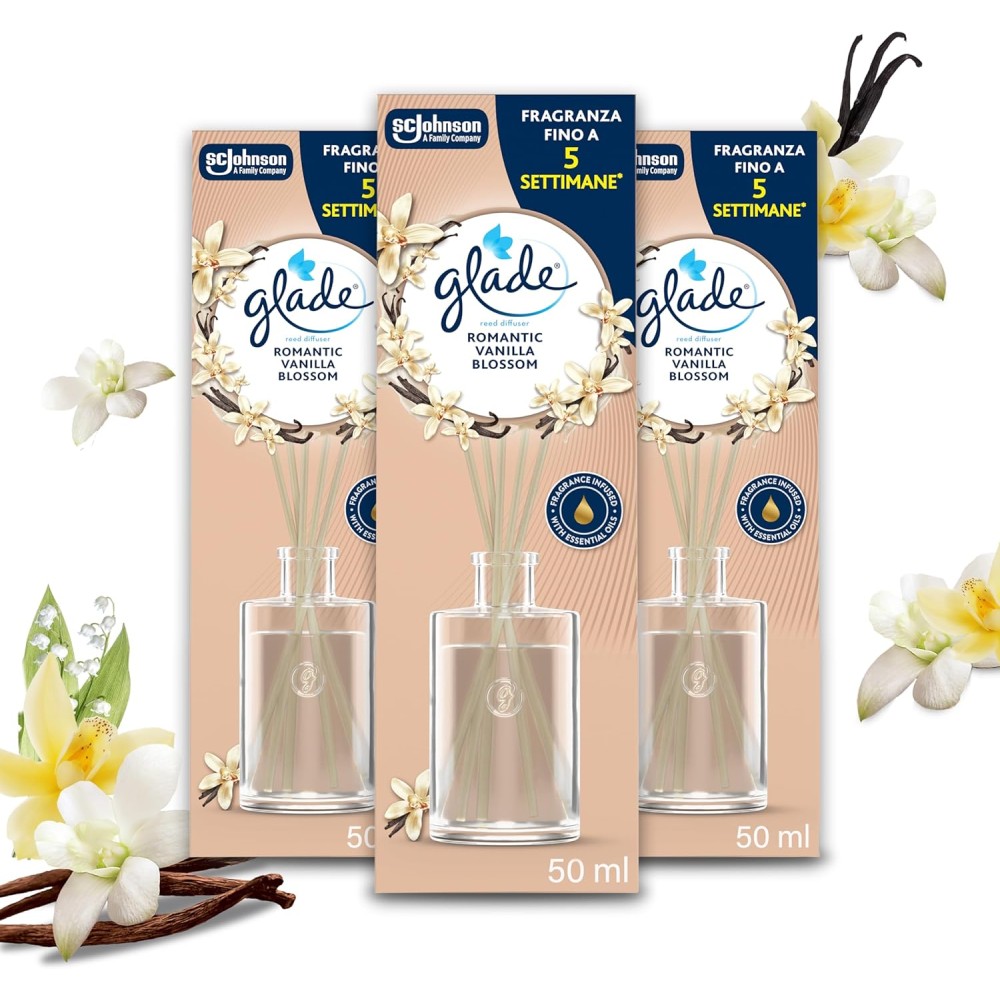 Glade Diffusore a Bastoncini Fragranza Romantic Vanilla Blossom 3 diffusori da 50ml