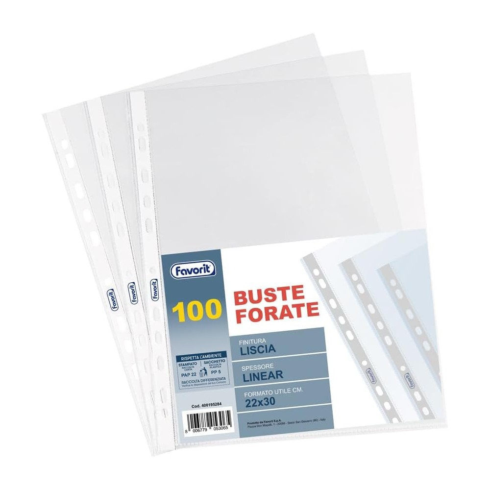 Favorit Buste Trasparenti con fori, 100 Pezzi, Finitura Liscia, Formato Interno 22 x 30 cm