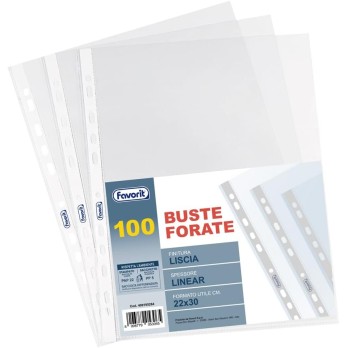 Favorit Buste Trasparenti con fori, 100 Pezzi, Finitura Liscia, Formato Interno 22 x 30 cm