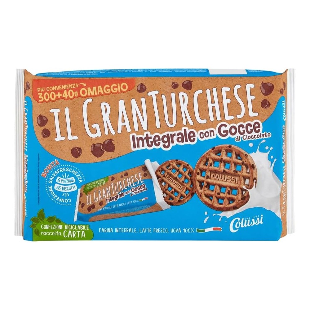 8 X Colussi Il GranTurchese con Farina Integrale e Gocce di Cioccolato 6 Porzioni Salvafreschezza 340g