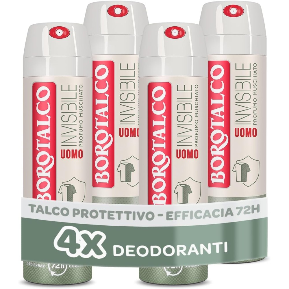 Borotalco, Deodorante Uomo Spray Invisibile, con Talco Profumo Muschiato4 Pezzi da 150 ml