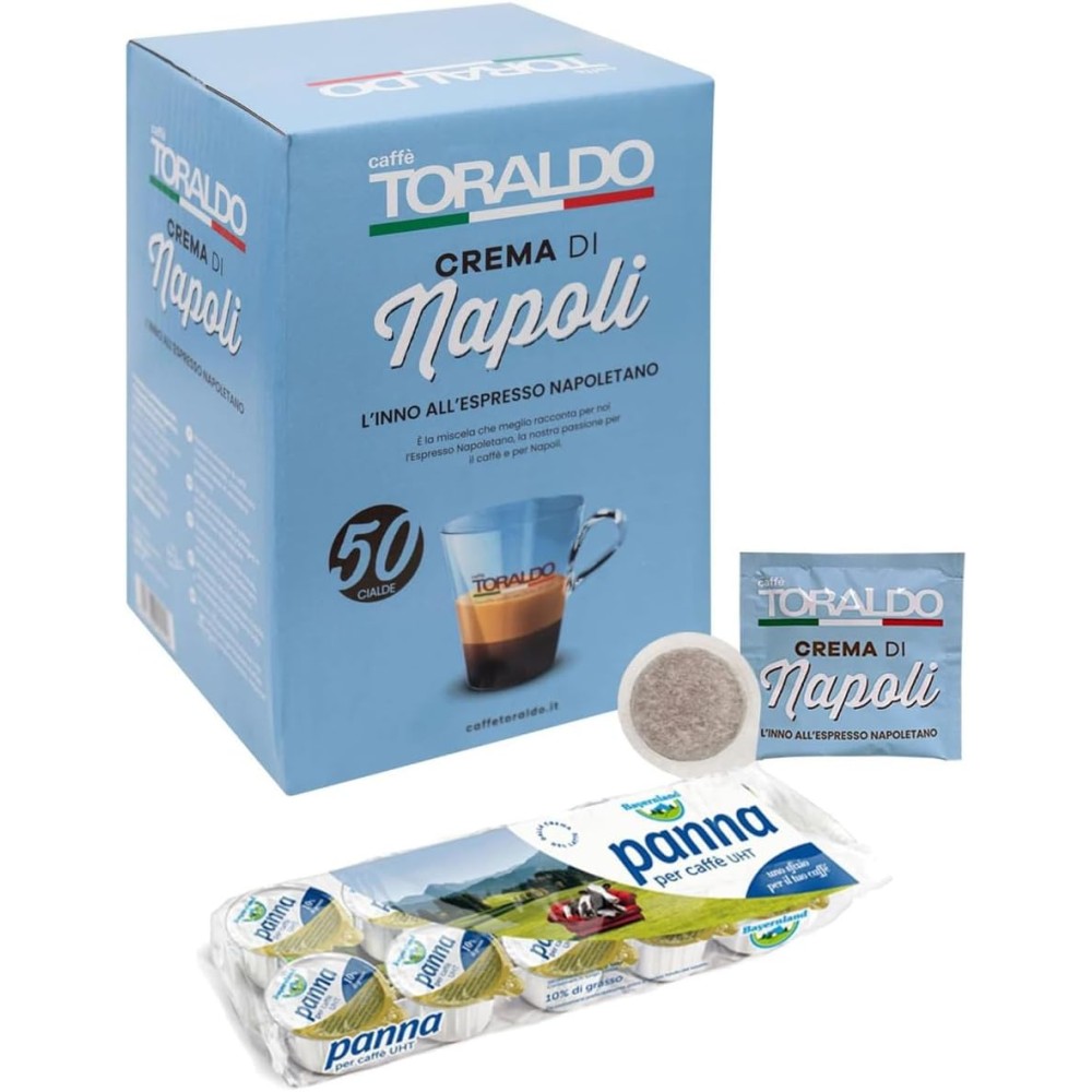 Set 50 Cialde Toraldo miscela Crema di Napoli + 6 confezioni di panna Uht per caffè Bayernland