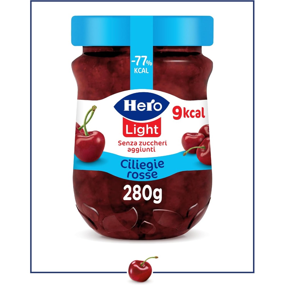 Hero Light Confettura di Ciliegie Rosse Light, 8 Vasetti da 280 gr