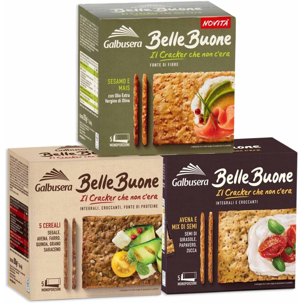 Galbusera Mix BelleBuone Cracker 5 Cereali, Avena e Mix di Semi, Sesamo e Mais 200g totale 3 Confezioni