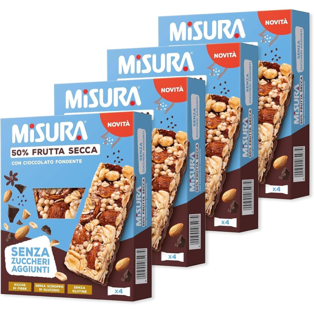 4 Misura Barrette con Frutta Secca Mandorle, Arachidi e Cioccolato Fondente Senza Zuccheri Aggiunti 120g