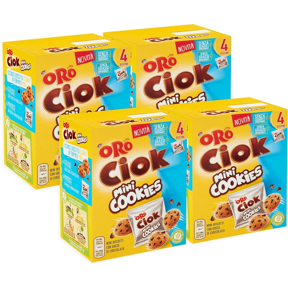 4X Oro Ciok Novita' Mini Cookies, Biscotti Croccanti con Gocce di Cioccolato al Latte - 4x40g
