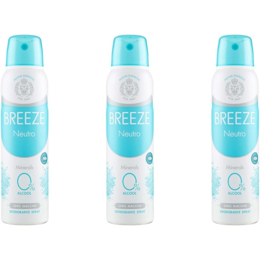 6 X Confezioni per Breeze Deodorante Spray Neutro 150ml, 3 flaconi da 150ml