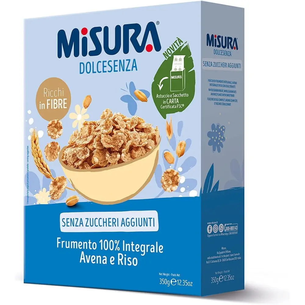 3 X Misura Cereali Dolcesenza Fiocchi di Frumento 100% Integrale, Avena e Riso 350g