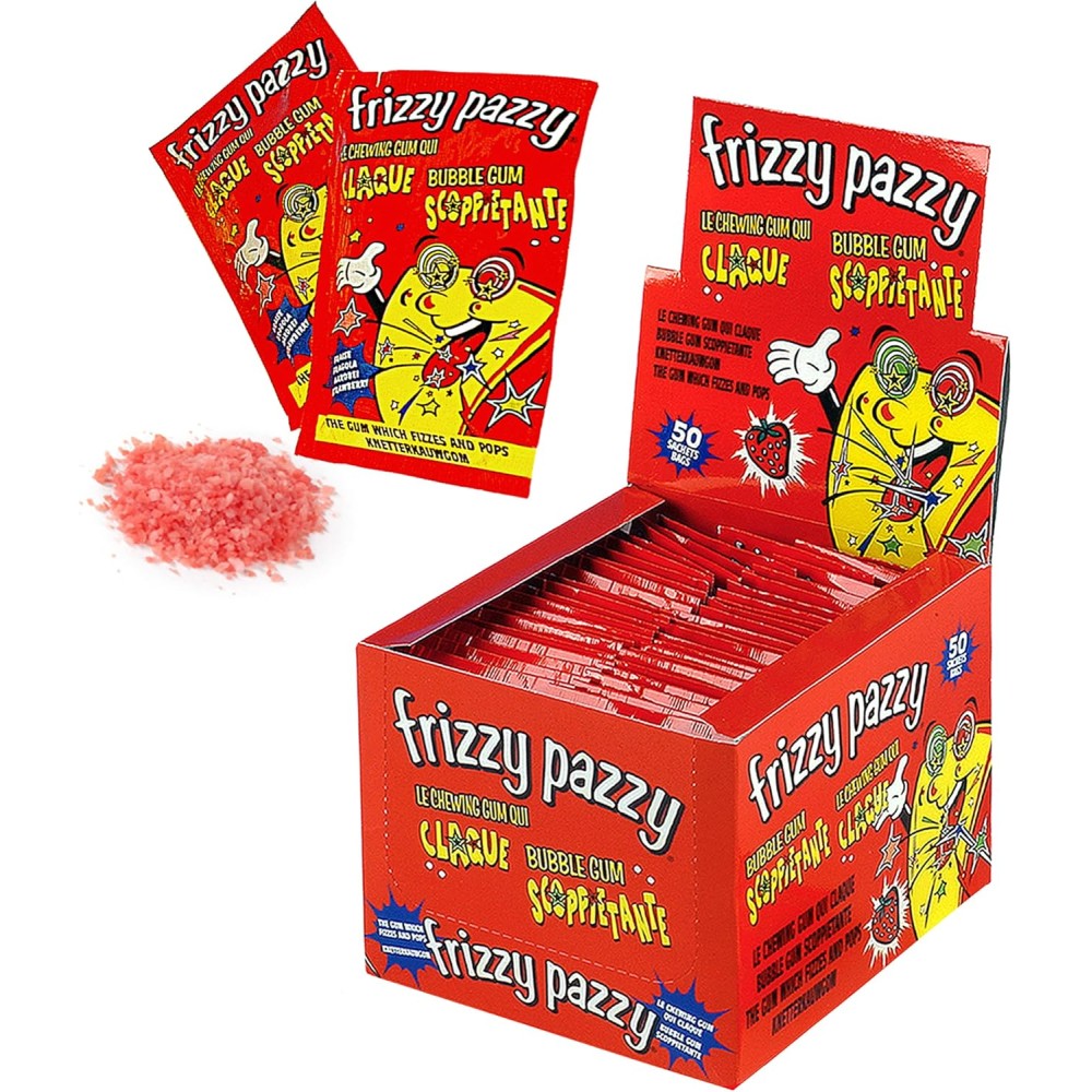 Frizzy Pazzy Fragola, Bustine da 7 g, Display da 50 Pezzi, Bubble Gum