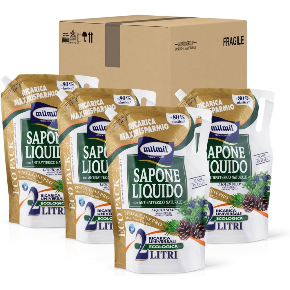 Milmil Sapone Liquido, Fragranza Pino & Ginepro - 4 x 2000 ML