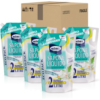 Milmil Sapone Liquido, Fragranza Muschio Bianco, Ricarica Universale Maxirisparmio, Dermatologicamente Testato - 4 x 2000 ML