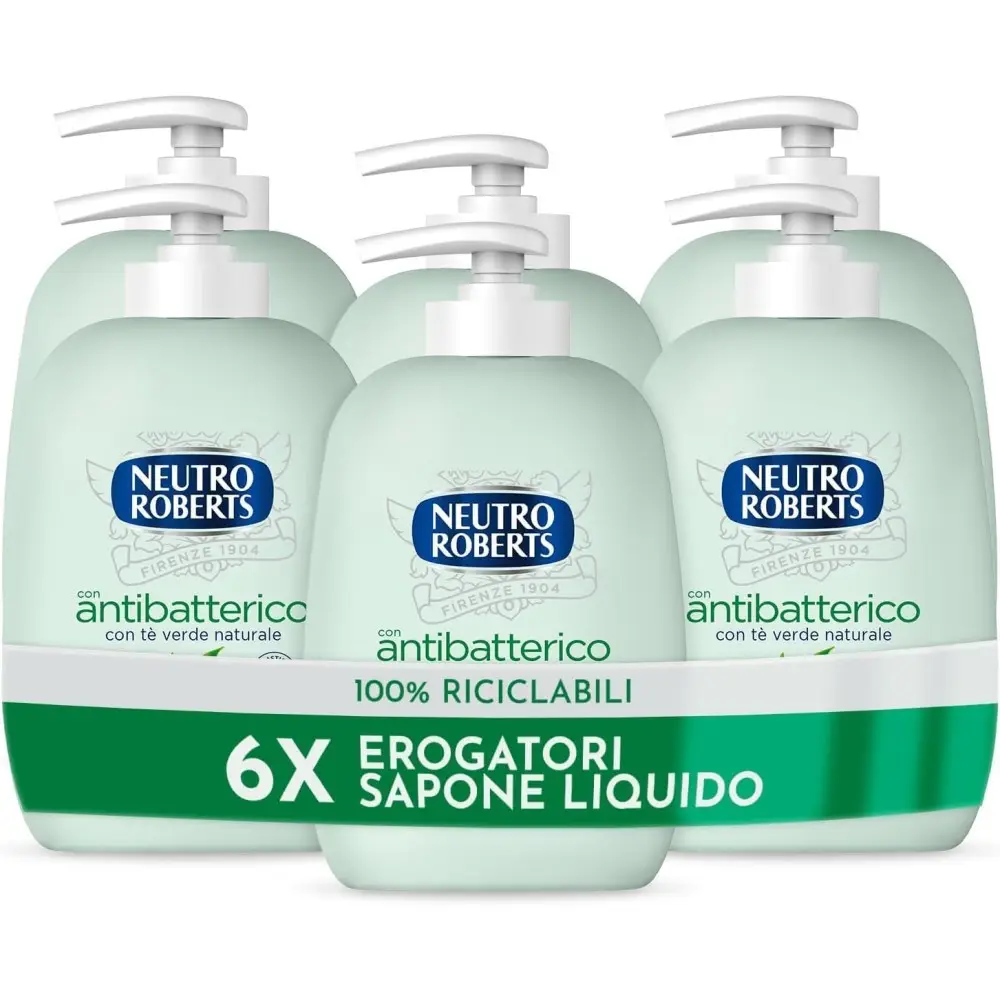 6 Neutro Roberts, Sapone Liquido Antibatterico, Pelle Sana e Protetta, Té Verde