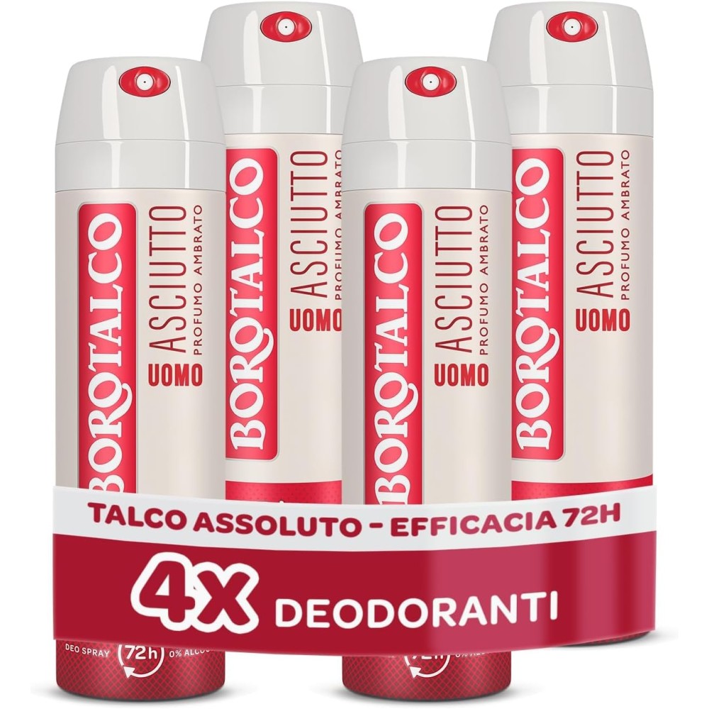 Borotalco, Deodorante Uomo Spray Asciutto Ambrato con Talco Assoluto - 4 Pezzi da 150 ml -