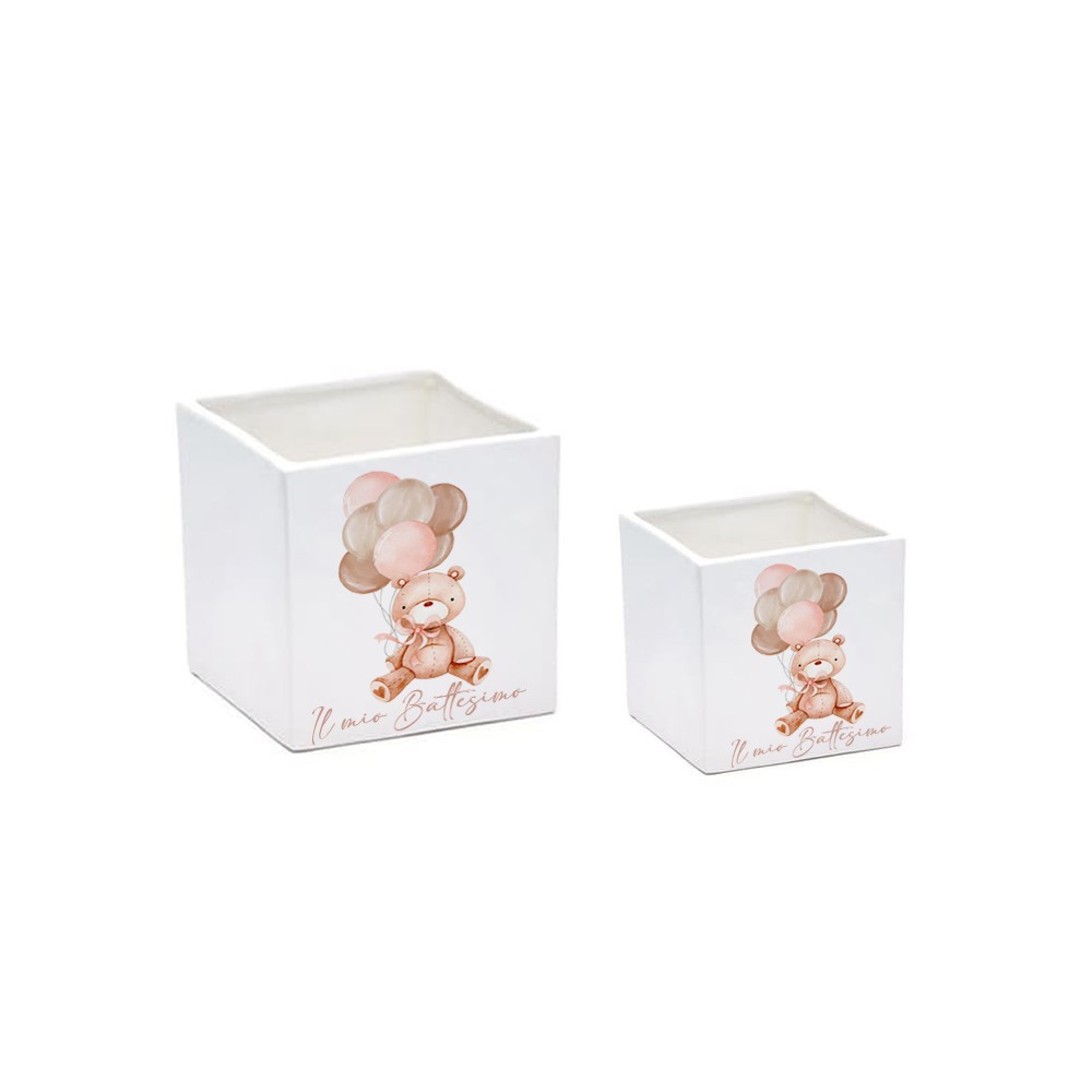 3 Vaso cubo Battesimo Teddy Rosa personalizzabile 7 cm