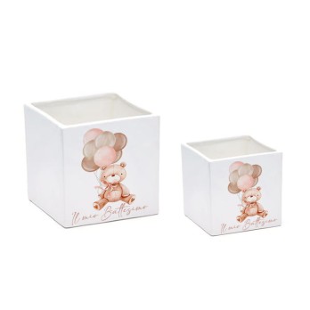 3 Vaso cubo Battesimo Teddy Rosa personalizzabile 7 cm