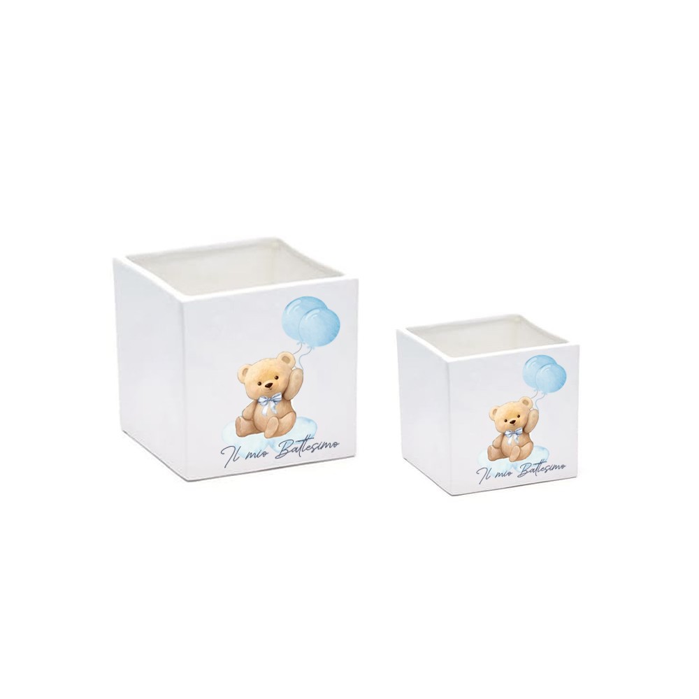 3 Vaso cubo Battesimo Teddy Celeste personalizzabile 7 cm