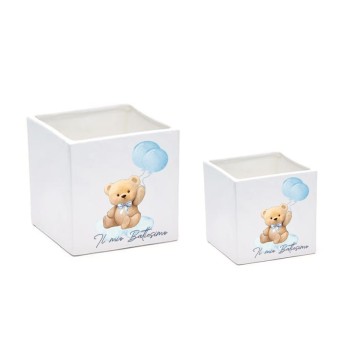 3 Vaso cubo Battesimo Teddy Celeste personalizzabile 7 cm