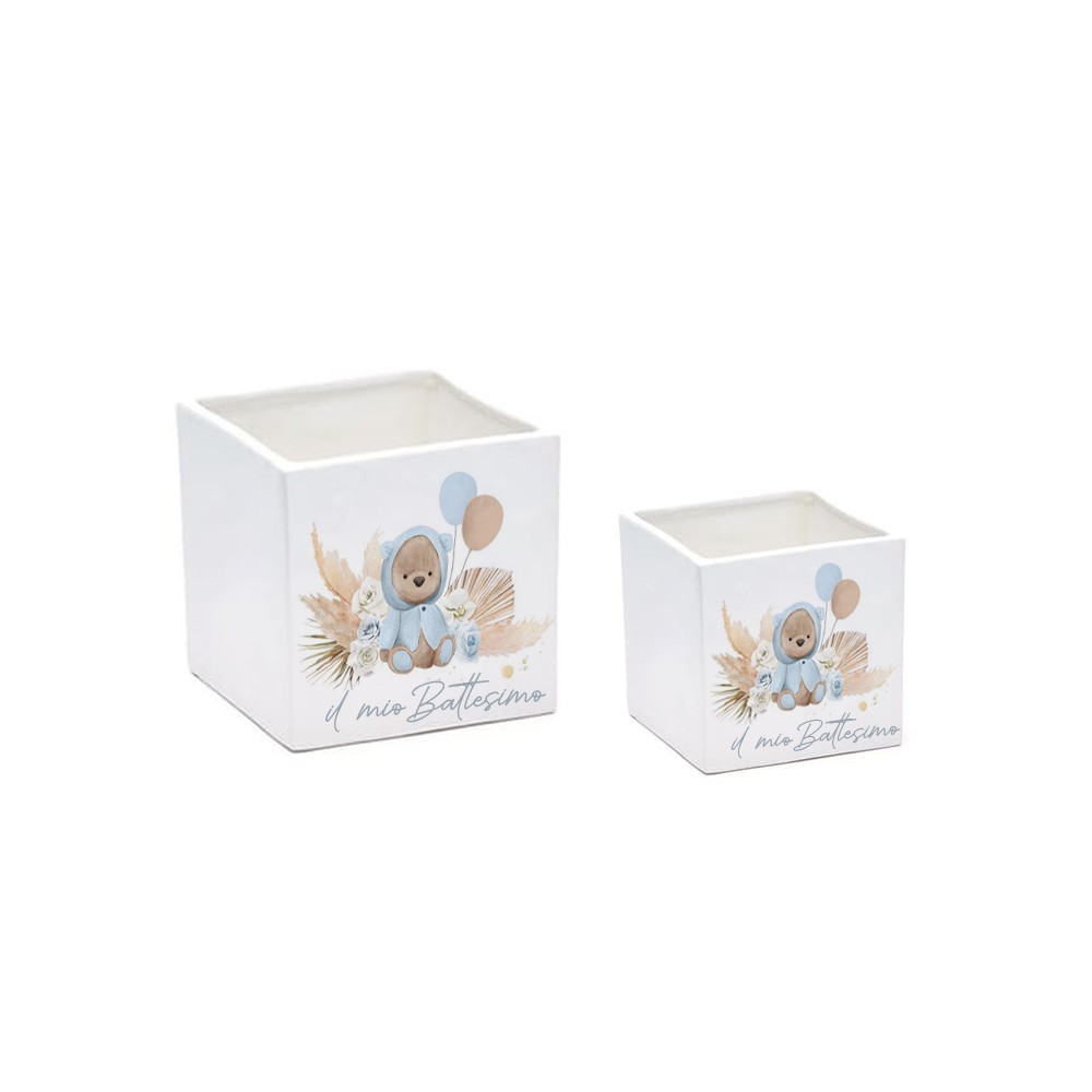 3 Vaso cubo Orsetto Pampas Celeste personalizzabile 7 cm