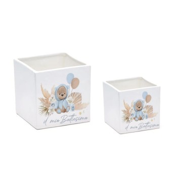 3 Vaso cubo Orsetto Pampas Celeste personalizzabile 7 cm