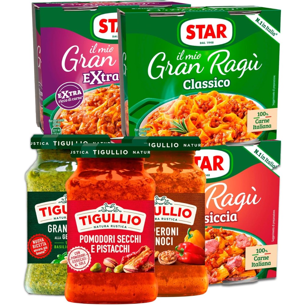 6 Il Mio Gran Ragù Classico Extra Gusto e Salsiccia + Tigullio Pesto Genovese Peperoni Noci +Pomodori Secchi Pistacchi