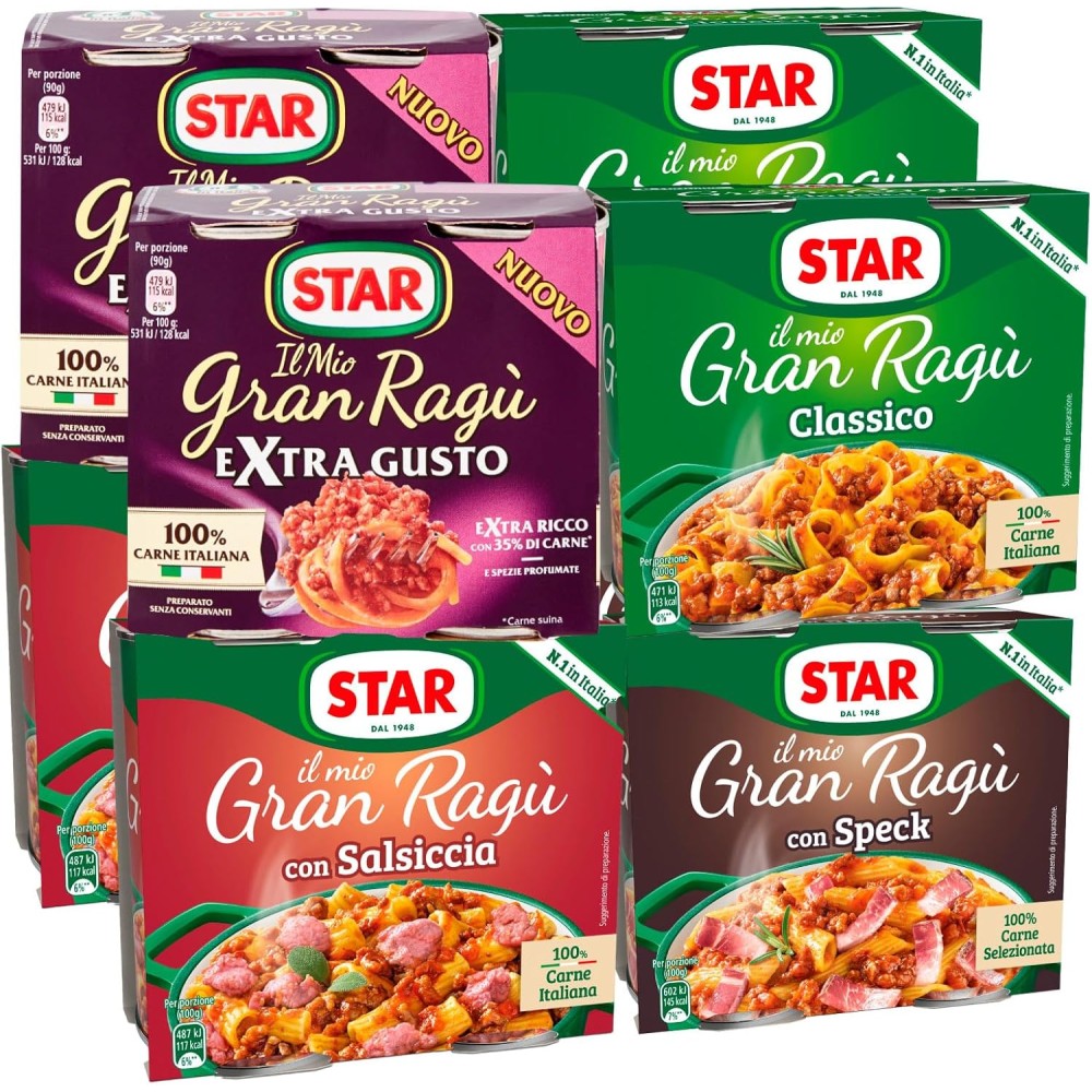 Star Il Mio Gran Ragù Star Mix Sughi Pronti Classico Extra Gusto Salsiccia Speck con Pomodoro 16 Lattine da 180g