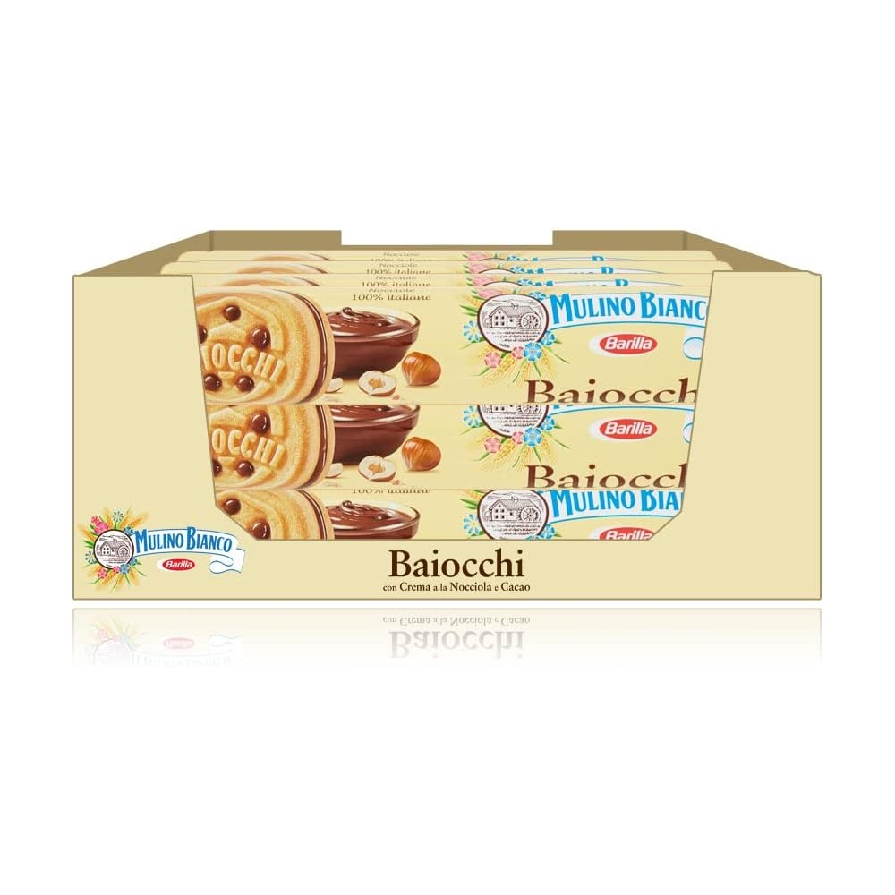 Mulino Bianco - Biscotti Baiocchi farciti con Crema alla Nocciola e Cacao - Tubo 168 g [Maxi Pack 12 Confezioni]