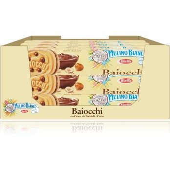 Mulino Bianco - Biscotti Baiocchi farciti con Crema alla Nocciola e Cacao - Tubo 168 g [Maxi Pack 12 Confezioni]