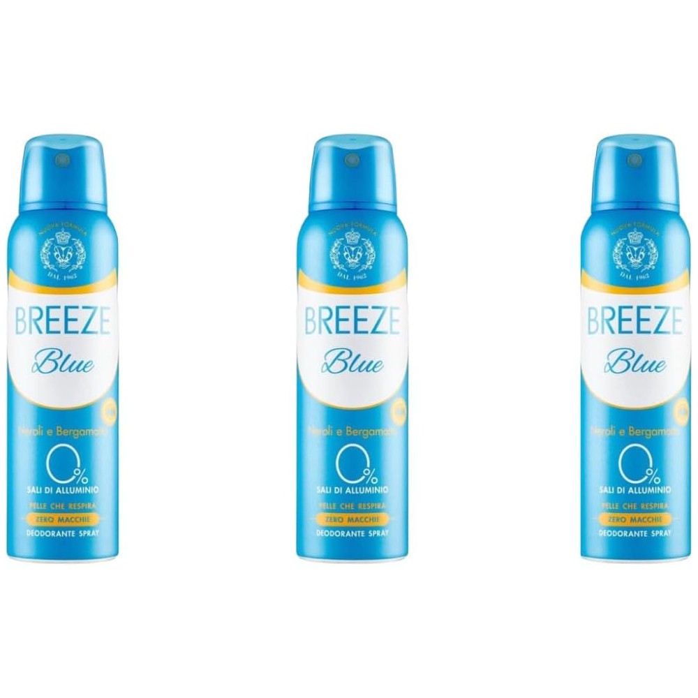 6 X Confezioni per Breeze Deodorante Spray Blue, 3 flaconi da 150ml